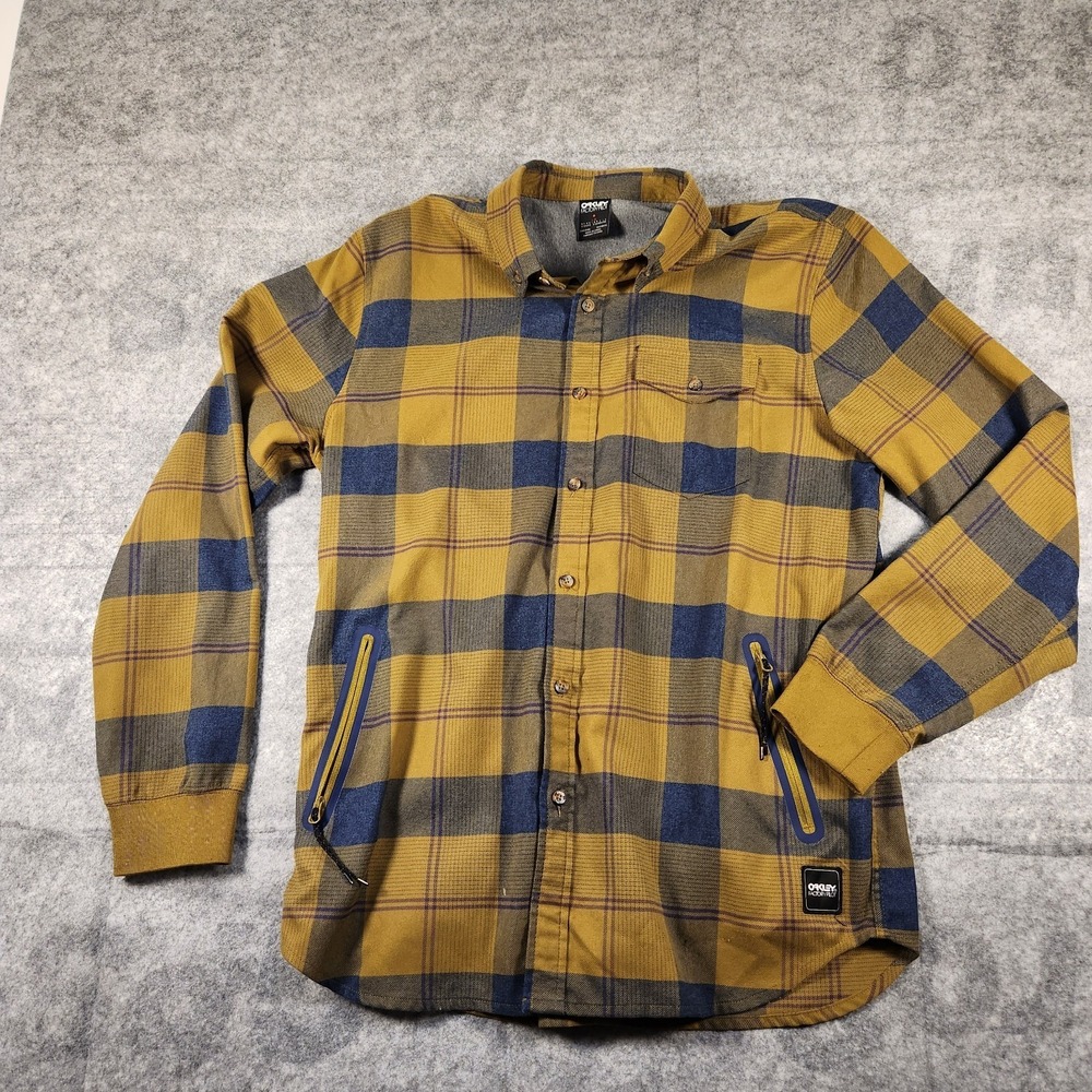 Oakley Flannel Long Sleeve Men's  Large khaki & blue  Plaid Button Outdoors